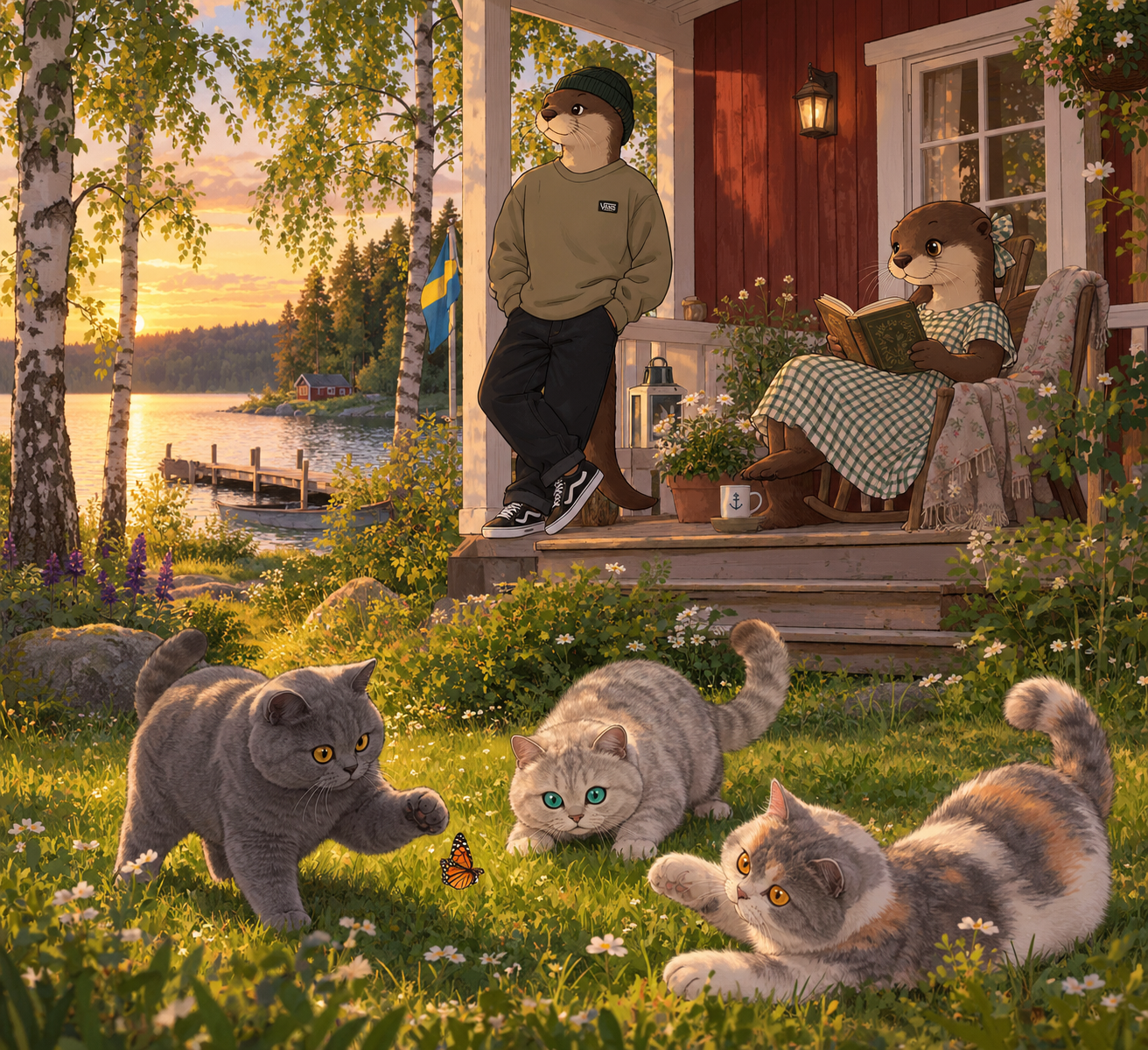 Zwei Otter und drei British-Shorthair-Katzen vor einem schwedischen Haus am See